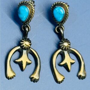 Genuine Navajo Sterling Silver Turquoise Naja Squash Blossom Earrings